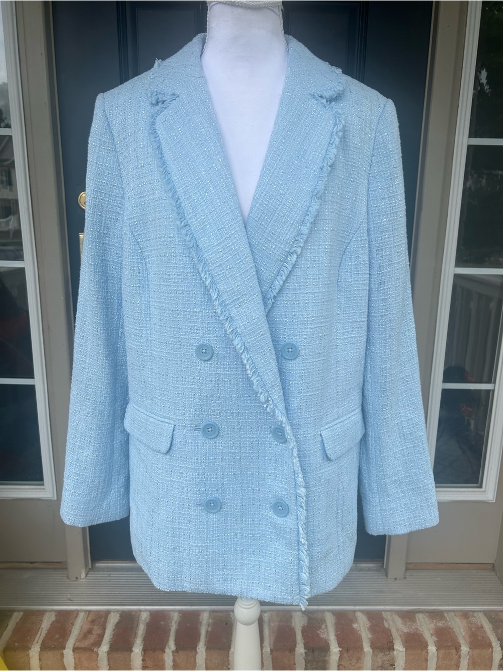 Brooks Brothers Red Fleece Light Blue Tweed Fringe Double Breasted Blazer NWT 12